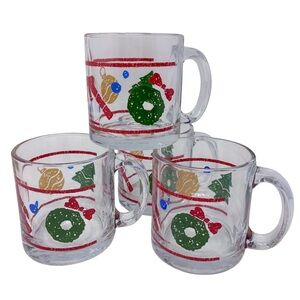 Christmas Coffee Mugs Clear Glass Painted Christmas Themed Decorations USA Set 4